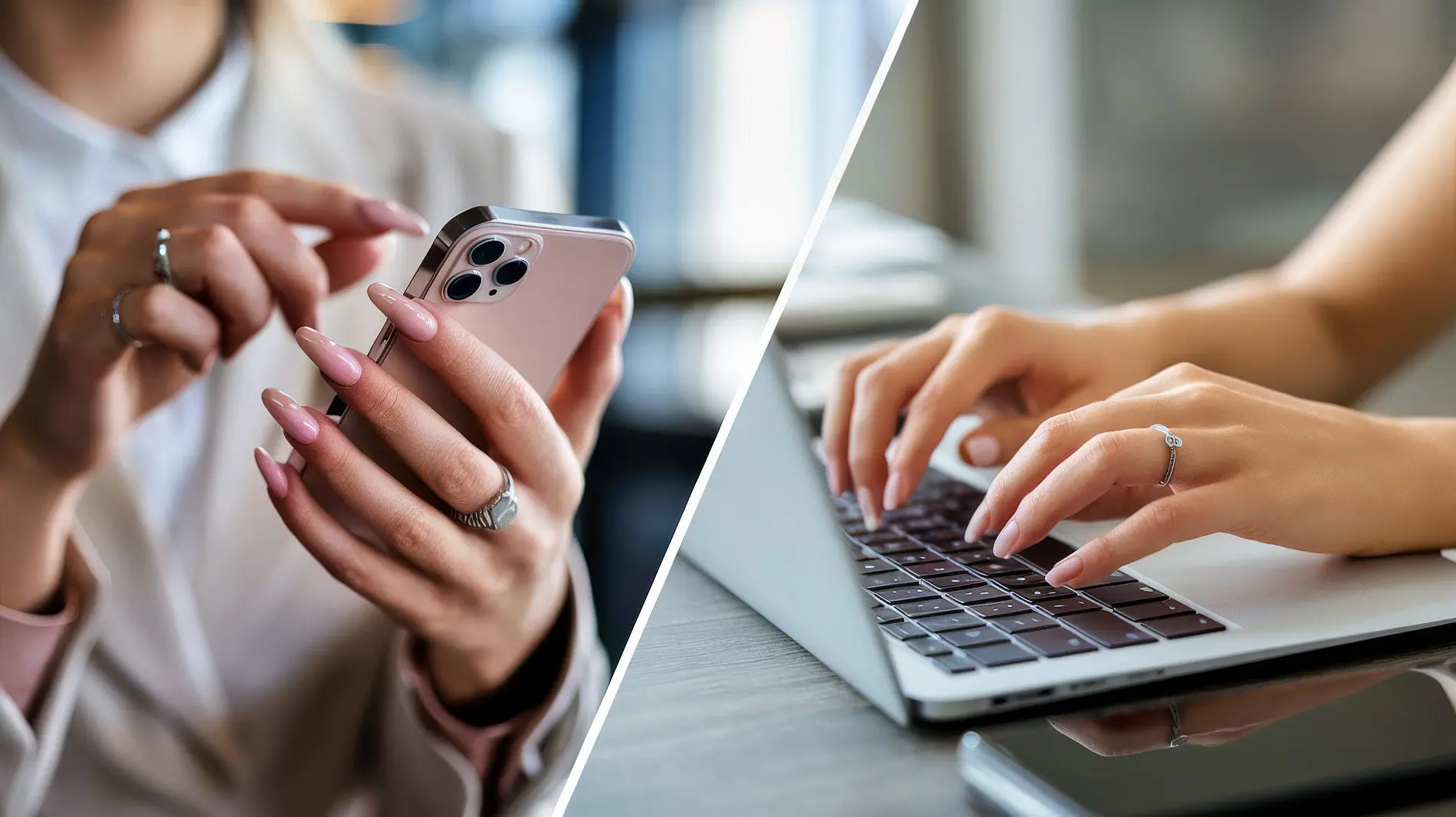 links eine Frauenhand mit Handy und Gelnägeln, rechts eine Frau, die am Computer tippt