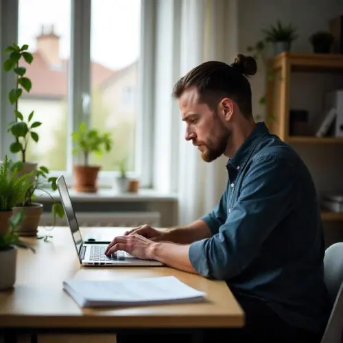 Mitarbeiter im Homeoffice mit Laptop und Versetzungsanweisung im Hintergrund; Dokumente auf dem Tisch.