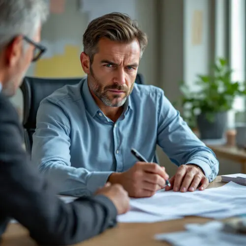 Arbeitnehmer ist schockiert bei Erhalt eines Kündigungsschreibens vom Vorgesetzten im Büro.