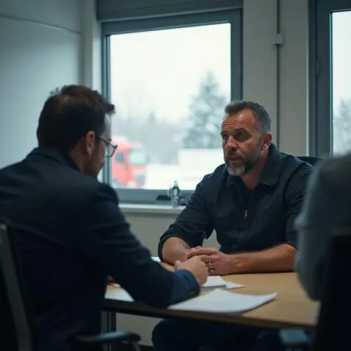 Lkw-Fahrer mit Armschlinge erhält kündigung, im Büro bei winterlichem Betriebshof