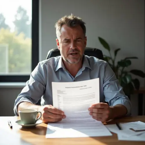 Mann hält fehlerhaftes Arbeitszeugnis, zeigt Enttäuschung, in hellem Arbeitszimmer