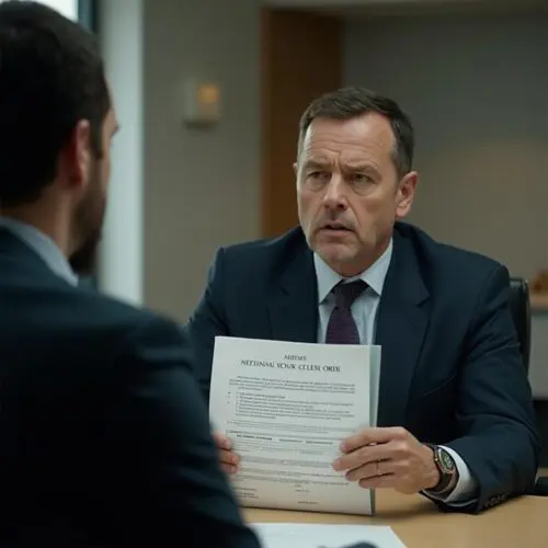 Ein Mann im Anzug präsentiert ein Arbeitszeugnis, dessen fehlerhafte Reihenfolge oder strittige Formulierung einen Rechtsstreit ankündigt.