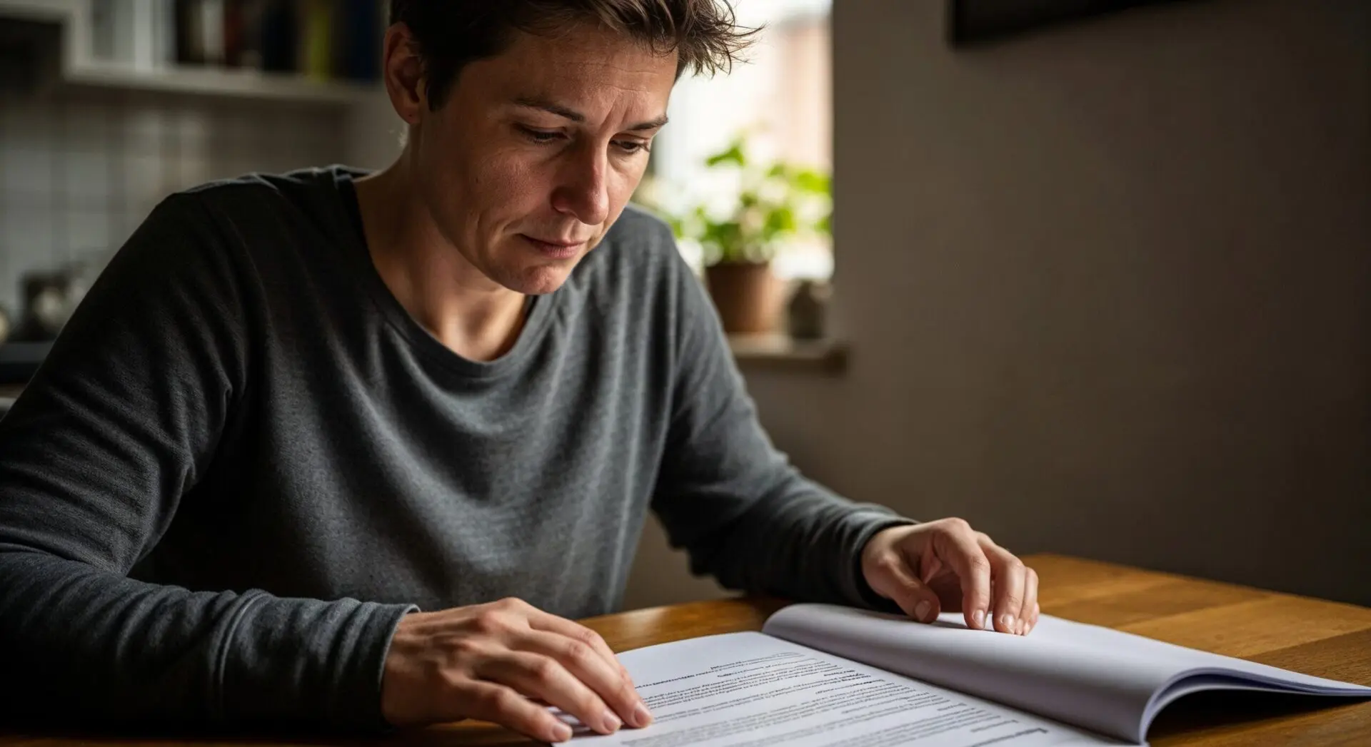 Eine besorgt dreinblickende Person sitzt an einem Küchentisch und liest einen Aufhebungsvertrag.
