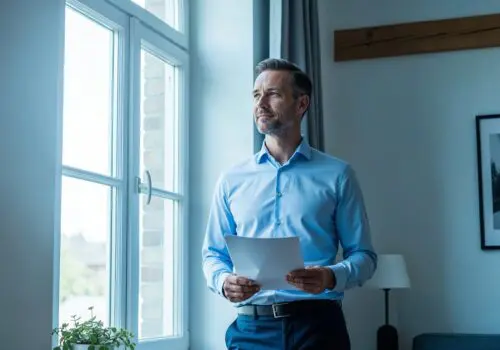 Ein zuversichtlicher Mann steht an einem Fenster und hält ein Dokument, symbolisch für eine getroffene Entscheidung.