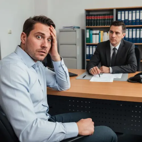 Schockierter Arbeitnehmer im Gespräch mit Vorgesetztem, der ihm die Anfechtung des Arbeitsvertrags erklärt