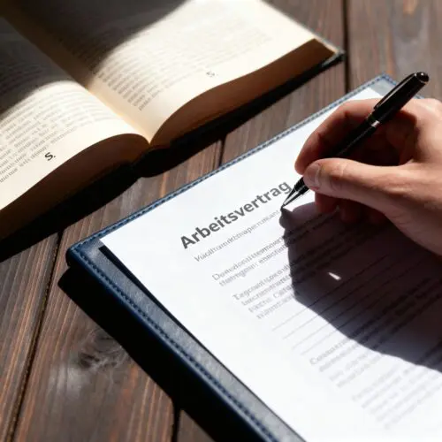 Ein Arbeitsvertrag liegt symbolisch über einem Gesetzbuch, was den Vorrang des Vertrags darstellt.
