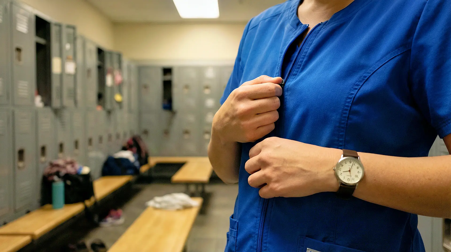 Arbeitnehmer zieht Dienstkleidung an, Armbanduhr sichtbar, symbolisiert Umkleidezeit als Arbeitszeit