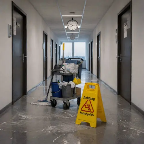 Ein verlassener Reinigungswagen steht neben einem gelben Warnschild in einem langen, menschenleeren Büroflur.