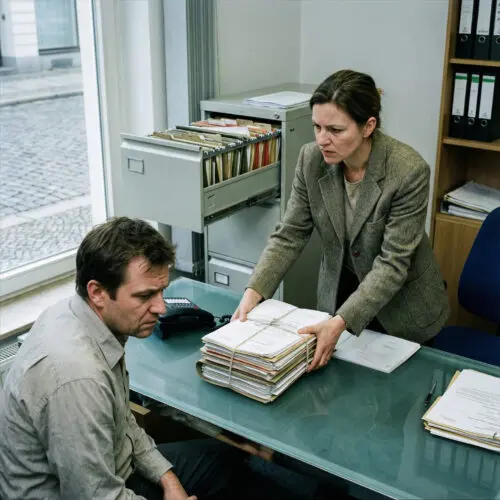 Entschlossen schiebt eine Frau einem Mann einen hohen Papierstapel und ein Geldbündel über einen gläsernen Schreibtisch.