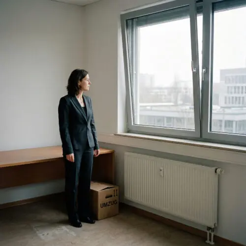 Eine Managerin im Anzug steht mit einem Umzugskarton vor einem leeren Schreibtisch in einer isolierten Büroecke.