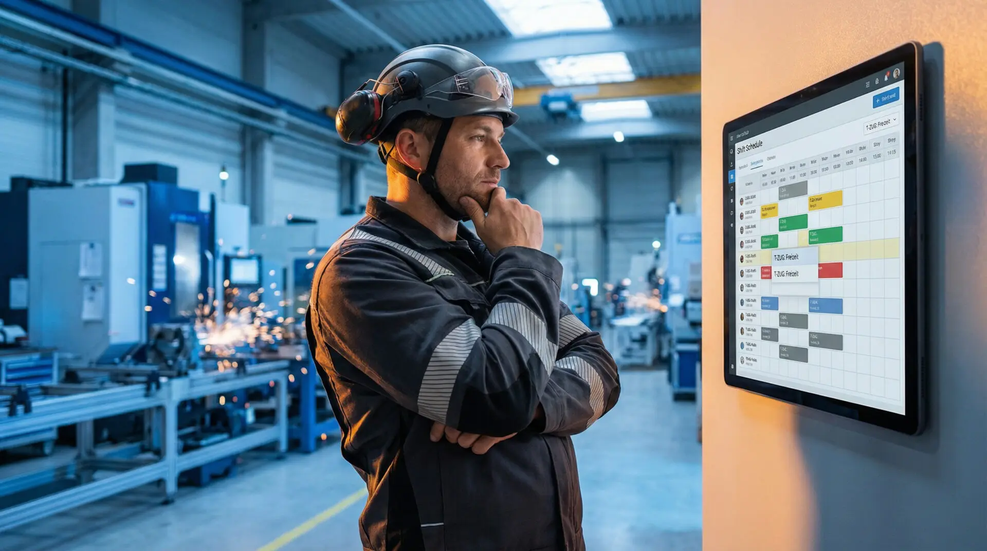 Industriearbeiter in einer Werkshalle plant seine Schichten auf einem Tablet