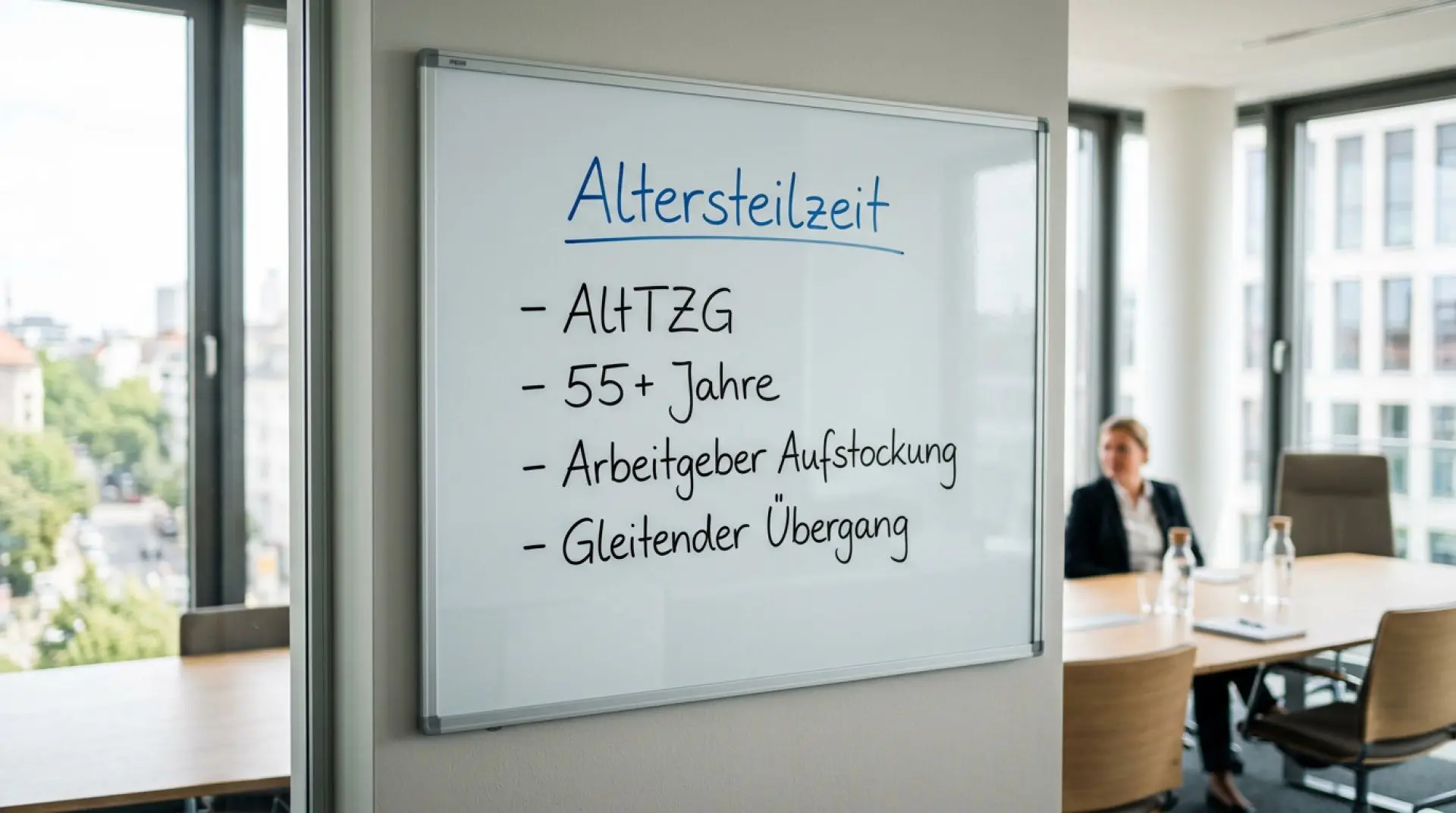 Whiteboard in einer Kanzlei mit Stichpunkten zur Altersteilzeit, inklusive AltTZG und Arbeitgeberaufstockung.