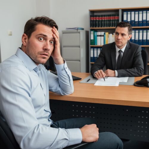 Schockierter Arbeitnehmer im Gespräch mit Vorgesetztem, der ihm die Anfechtung des Arbeitsvertrags erklärt